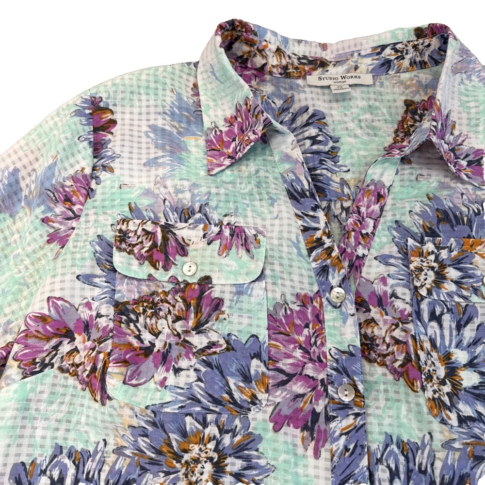 26s- Womens Studio Works 2X See Throughβ Casual Button Down Blouse Colorful
